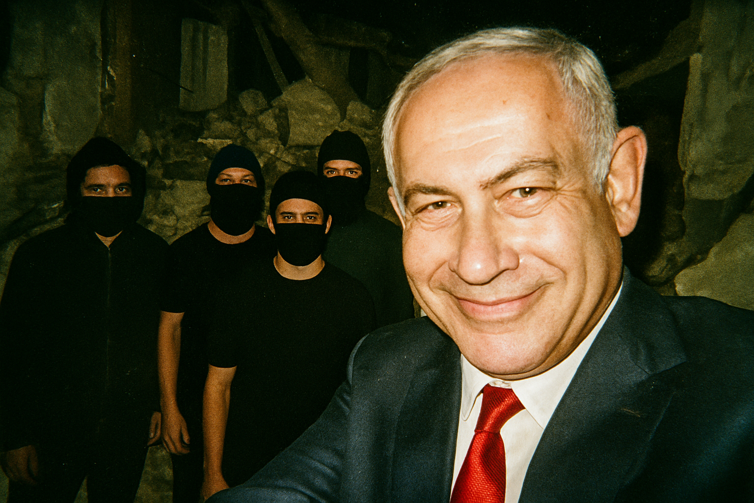 AI generated: A gritty disposable flash photo in building rubbles, a selfie, Netanyahu takes the picture and smirking with a group of people black face-masks in the back looking serious.